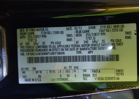 2015 Ford Escape Se from USA, damaged, VIN 1FMCU9G98FUB73806